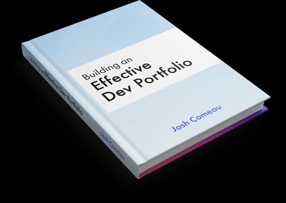 Blue and white book cover "Building an Effective Dev Portfolio" by Josh Comeau