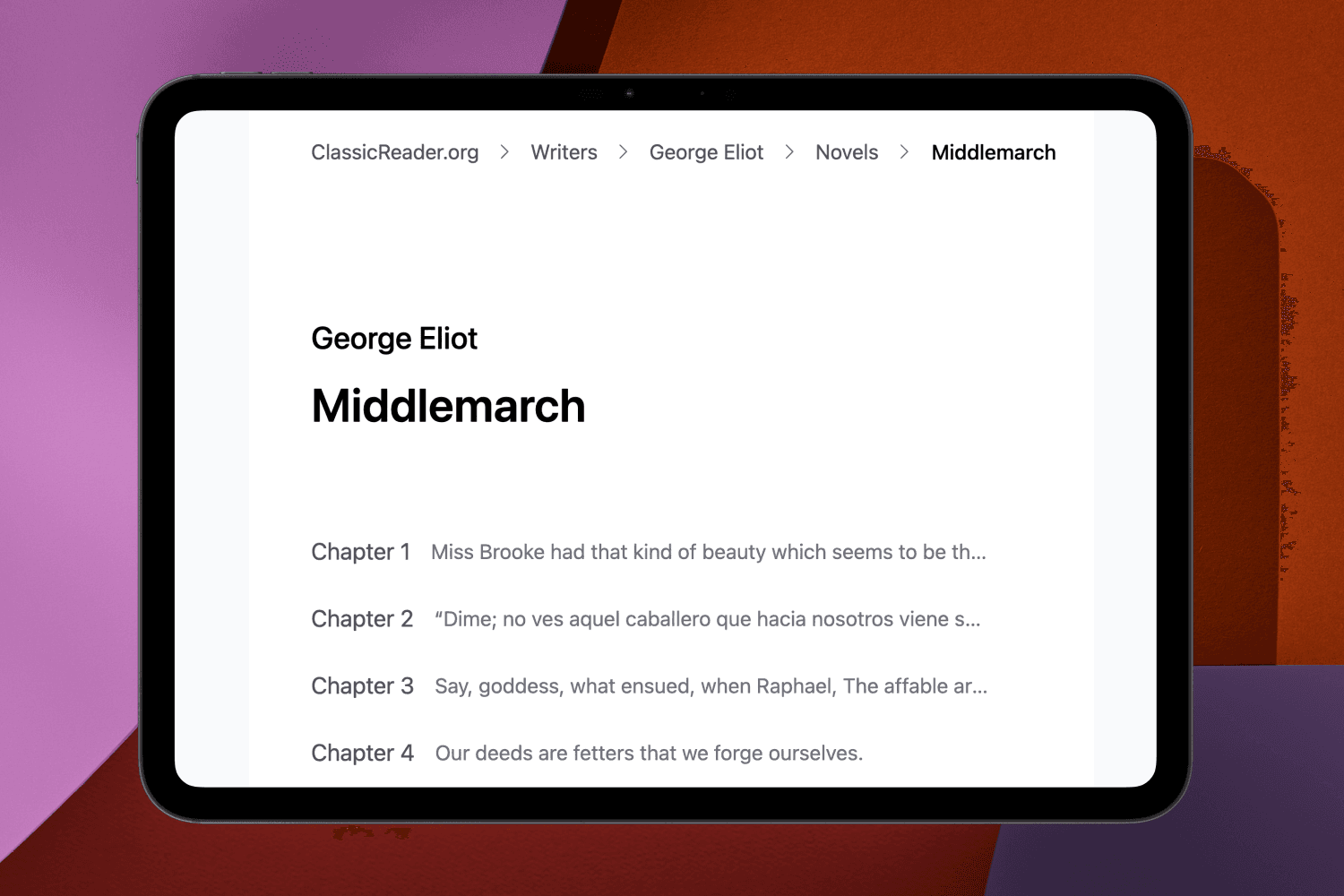 iPad displaying George Eliot's Middlemarch novel overview with chapter listings