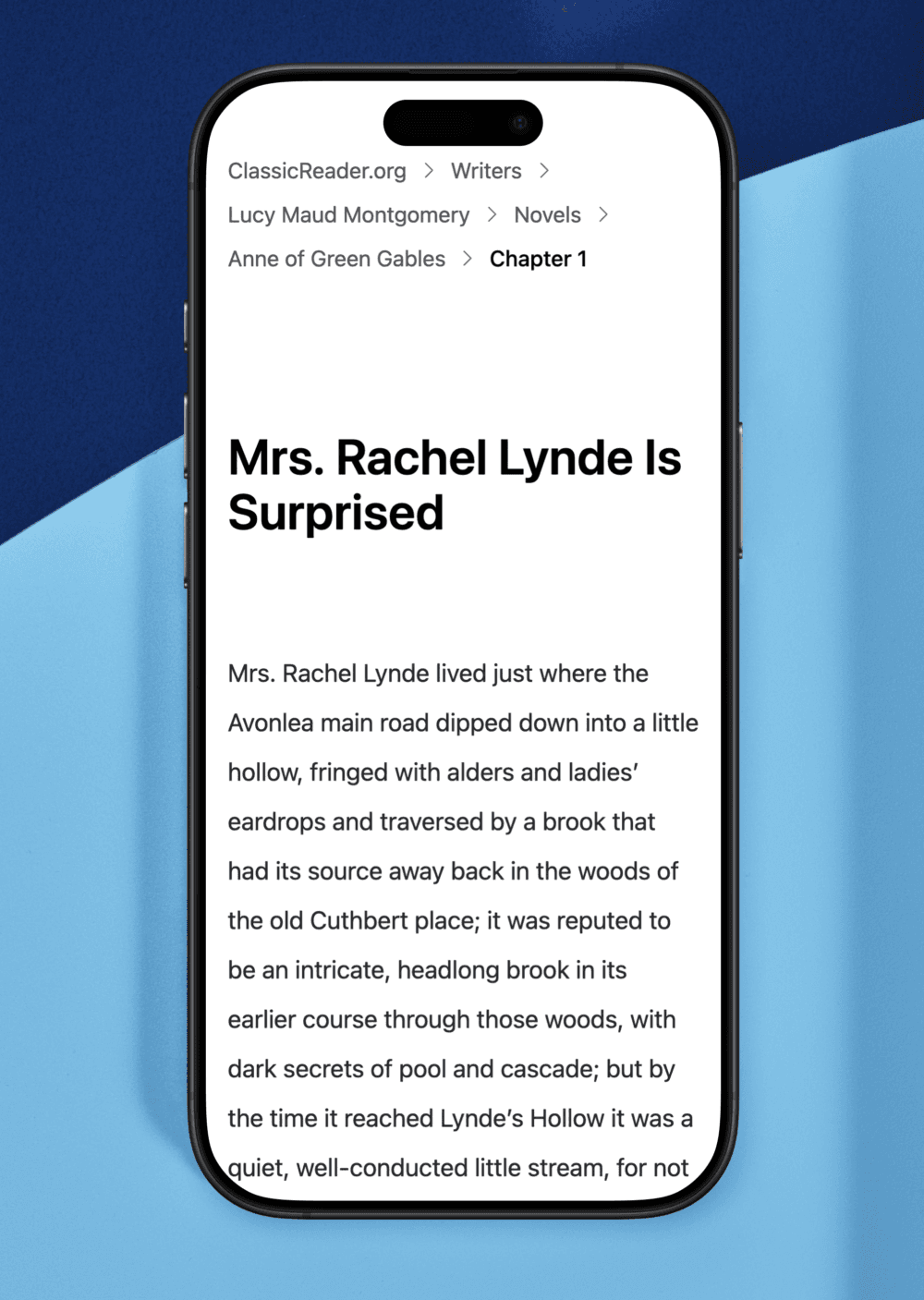 Mobile phone displaying Classic Reader with Anne of Green Gables text