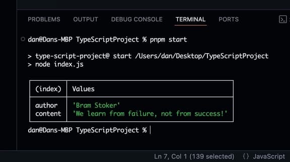 Terminal console showing TypeScript project output with start command and index values