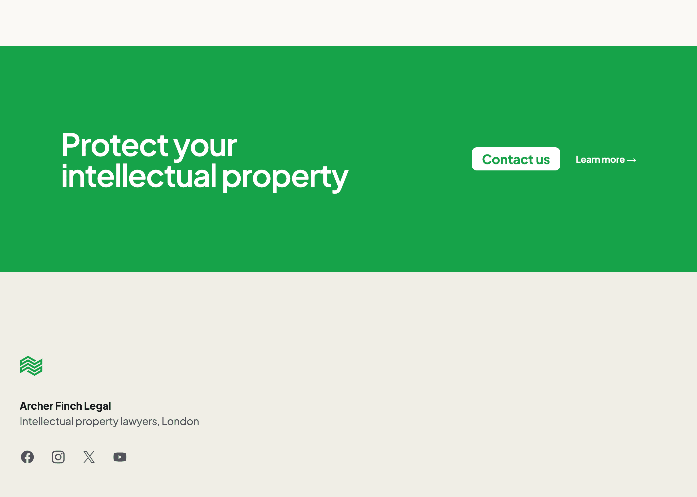 Archer Finch Legal website featuring a green CTA banner with a "Protect your intellectual property" heading and "Contact us" button."
