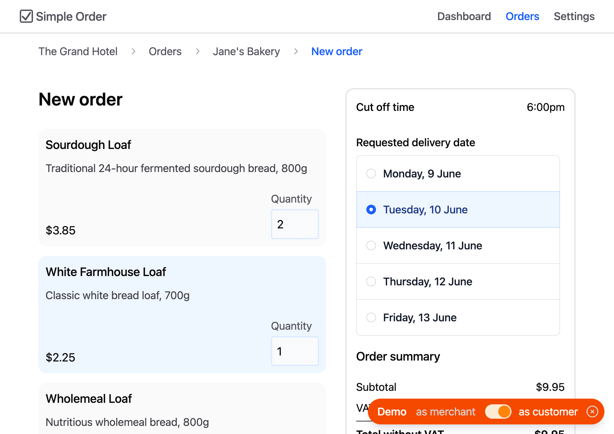 Screenshot of Simple Order wholesale order management website in demo mode, showing the creation of a new order from a bakery