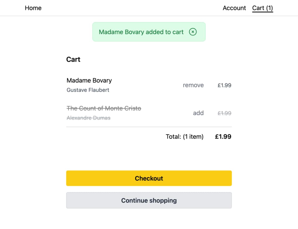 Screenshot of the cart page showing a minimalist design