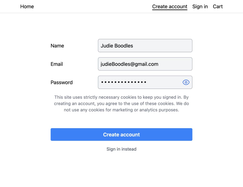 Screenshot of the create account form with password input component
