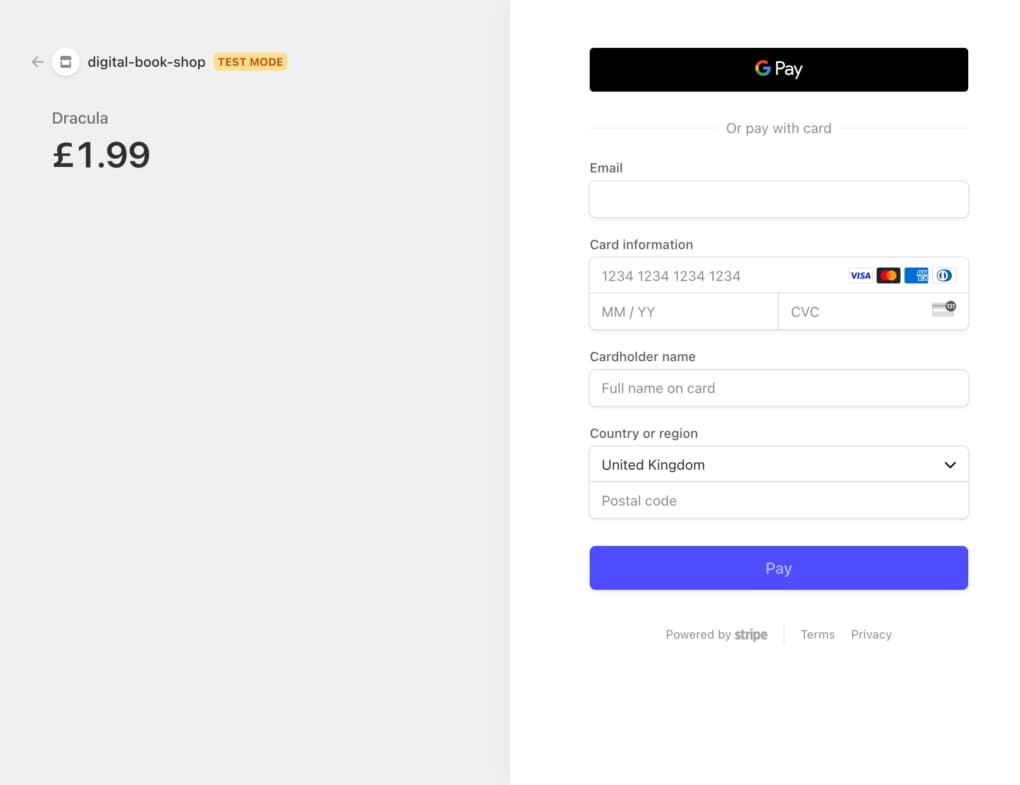 Screenshot of the Stripe payment page