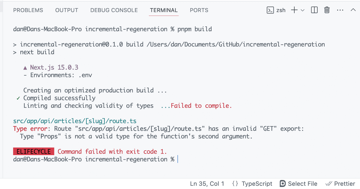 VS Code terminal showing Next.js build error about route exports and TypeScript failure