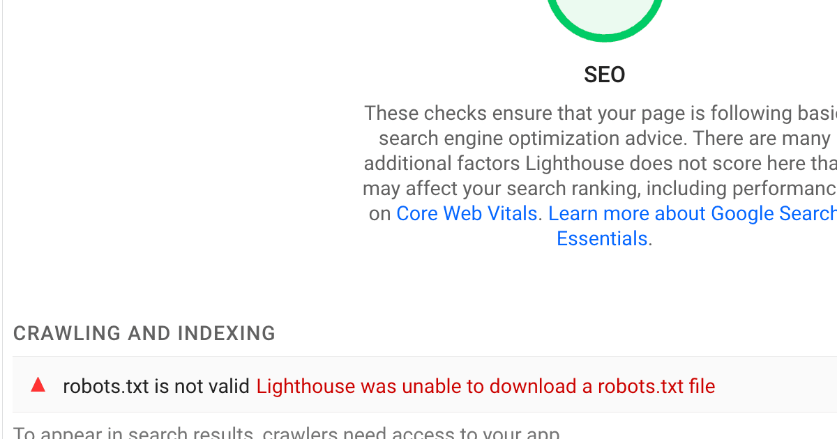Lighthouse SEO audit results showing robots.txt download error