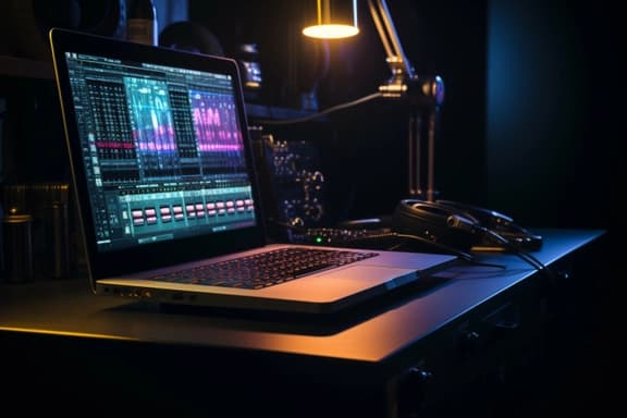 Music production software on laptop with audio equipment
