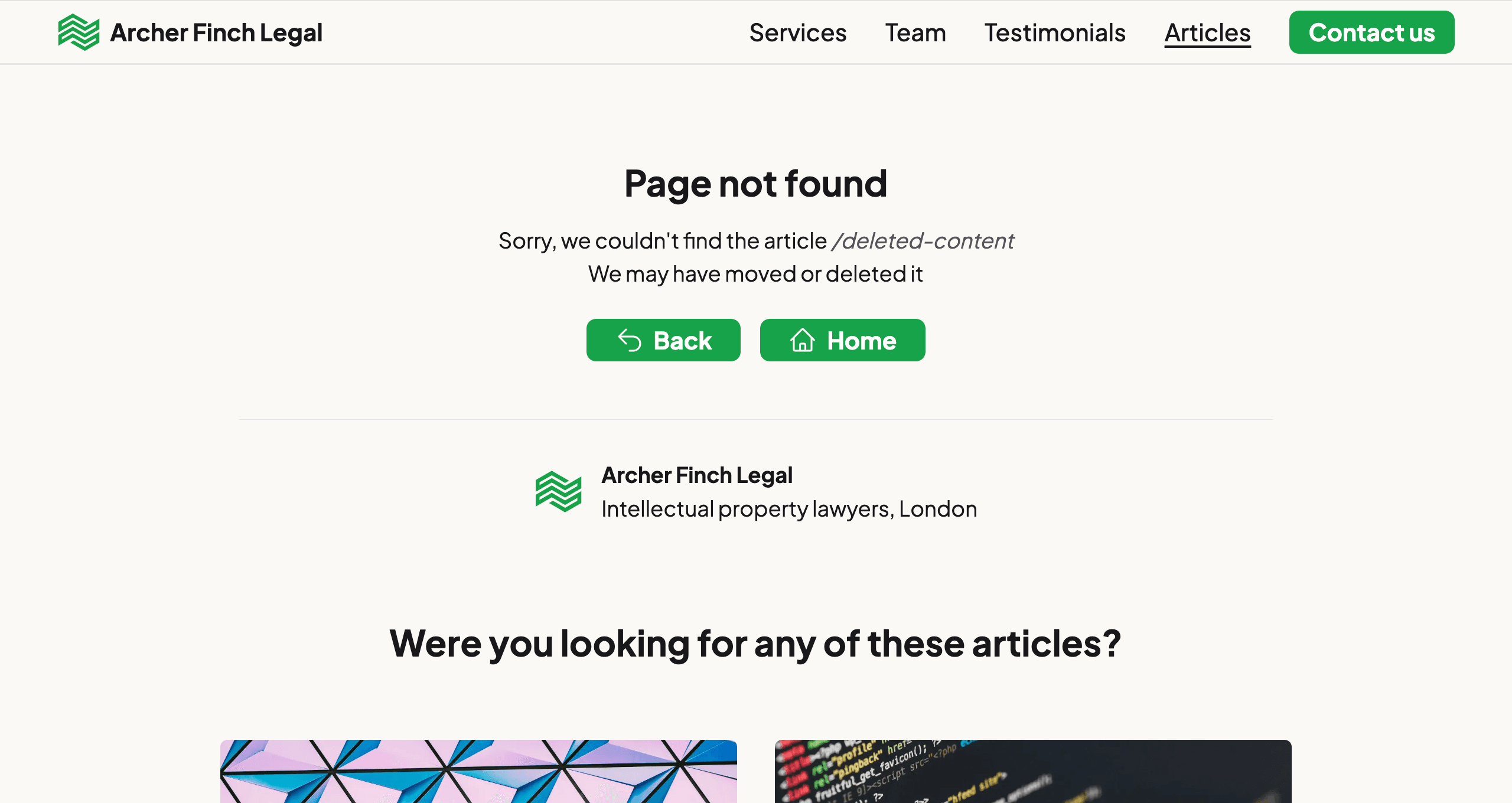 404 error page showing 'Page not found' message with Back and Home navigation buttons