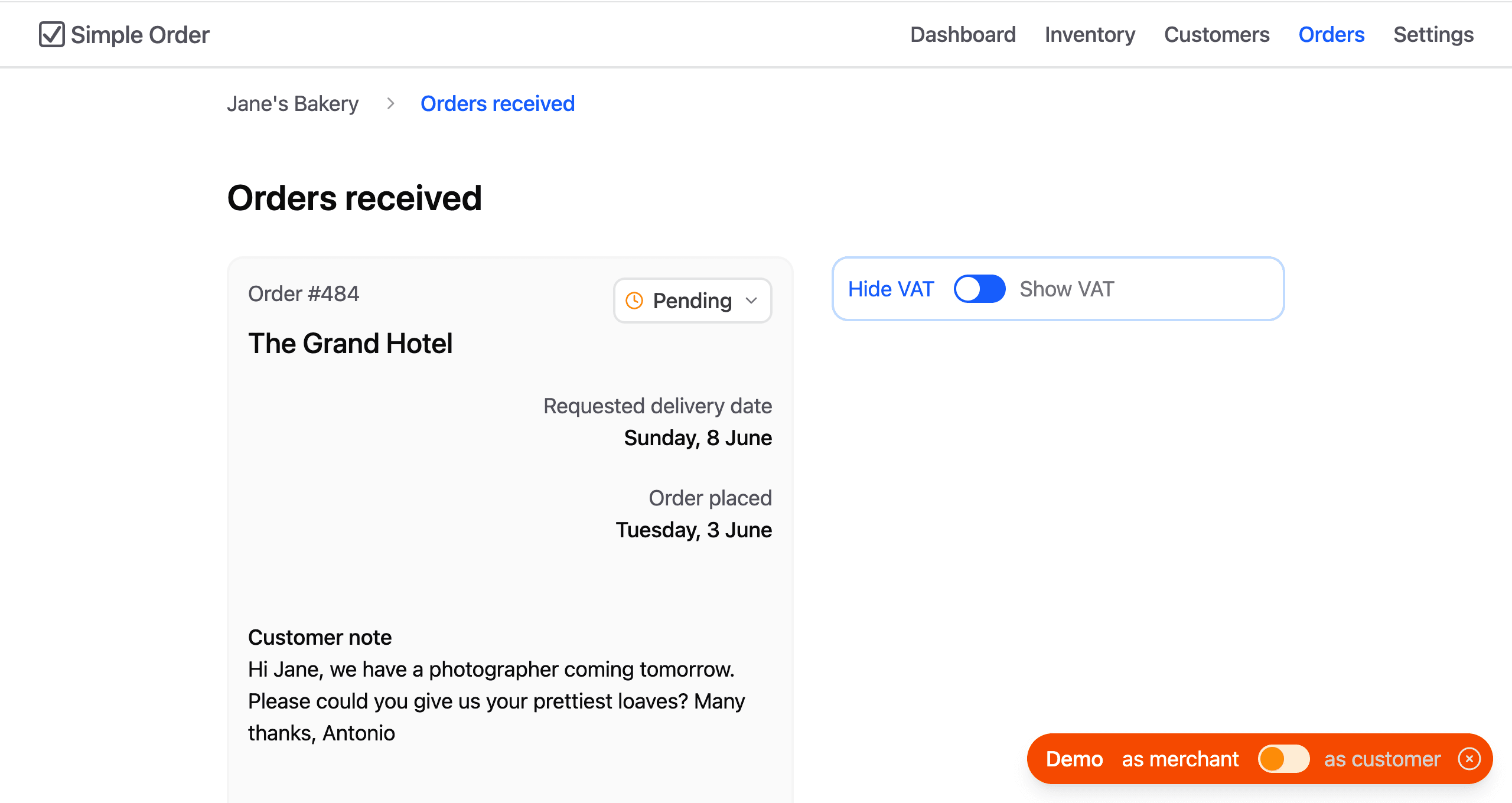 Simple Order orders management interface showing order details and status