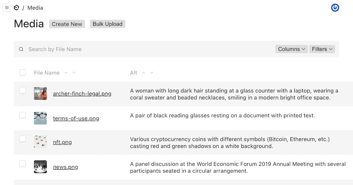 Payload media library showing image files with descriptive alt texts, including cryptocurrency and office scenes.