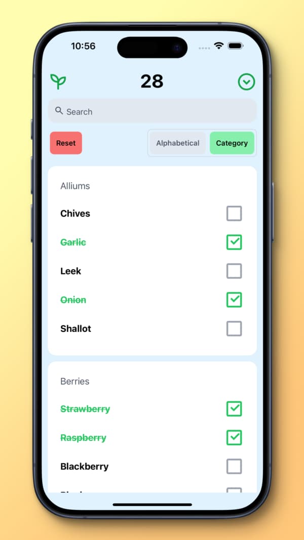 iPhone screenshot of Plant-Counter app with plant food checklist and search