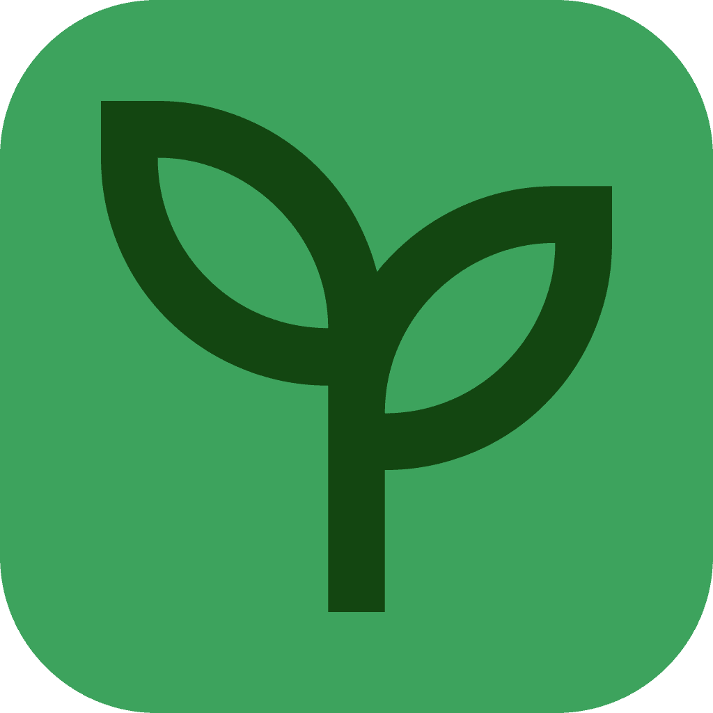 Green app icon featuring stylized plant sprout with two leaves