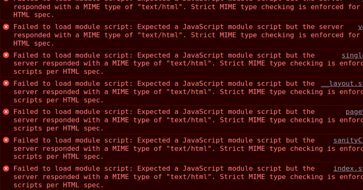 Browser console showing multiple JavaScript MIME type errors