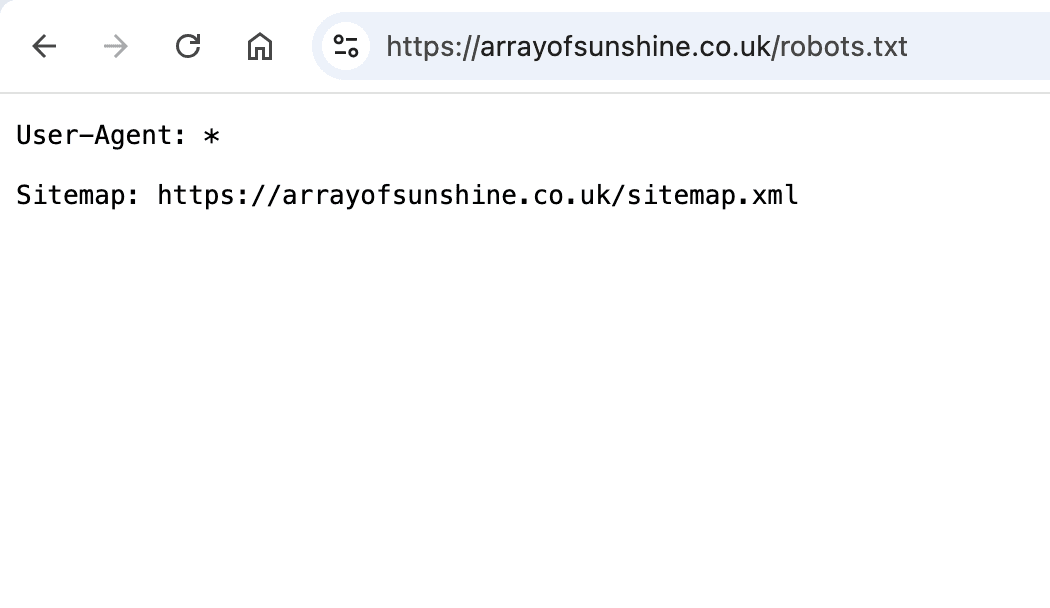 Browser window displaying robots.txt file with User-Agent and Sitemap directives