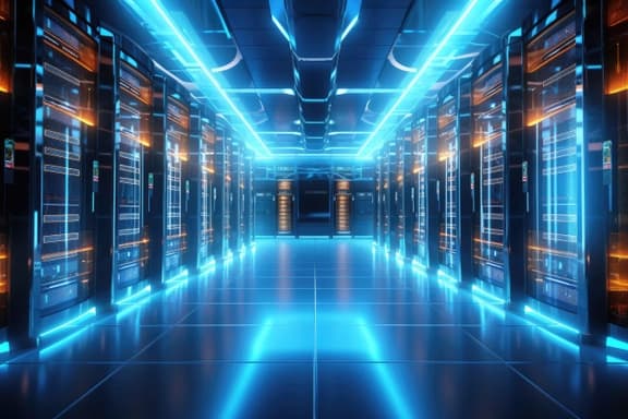 Modern server room with blue lighting and server racks