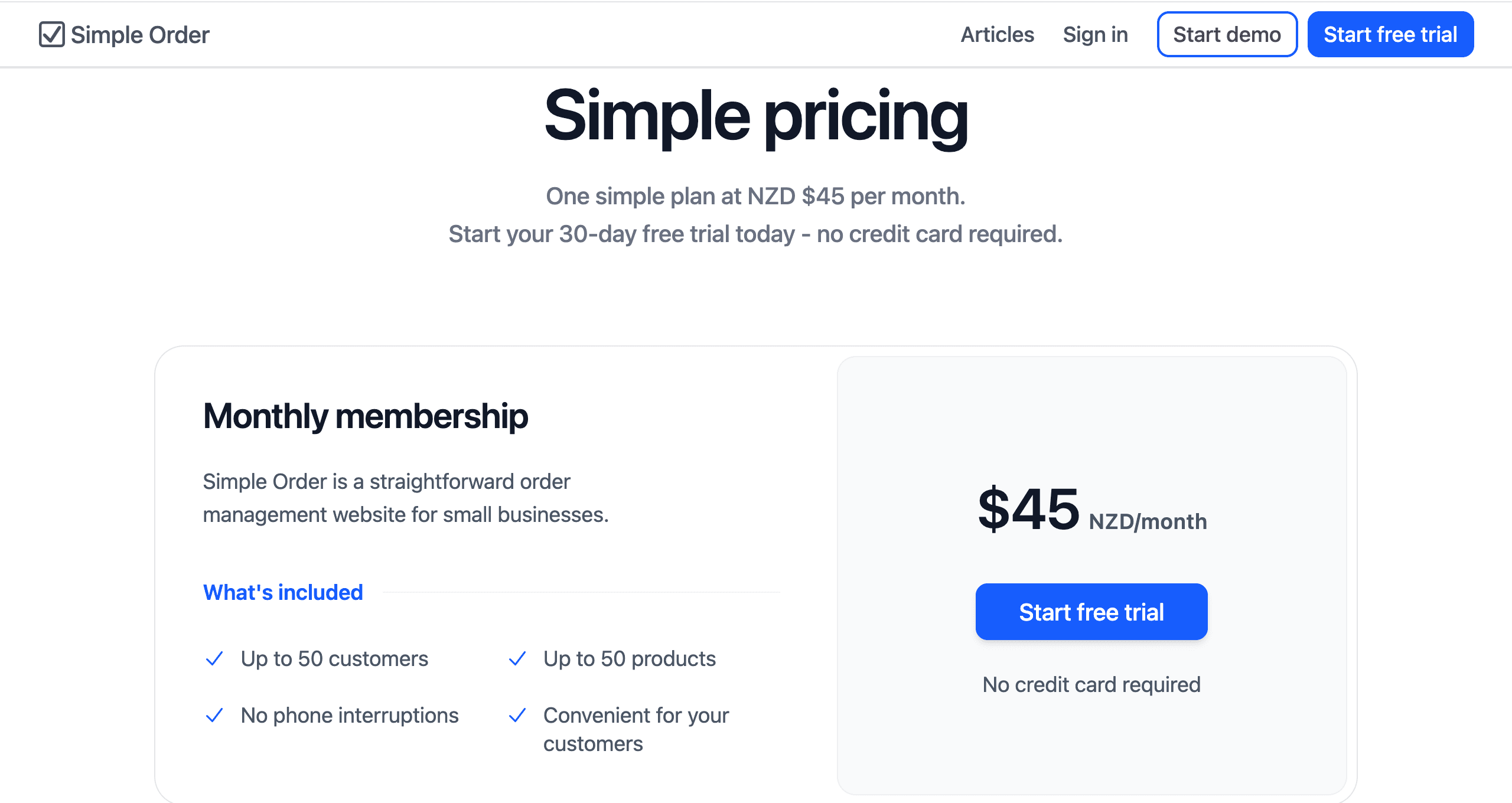 Simple Order New Zealand pricing page showing $45 NZD monthly plan