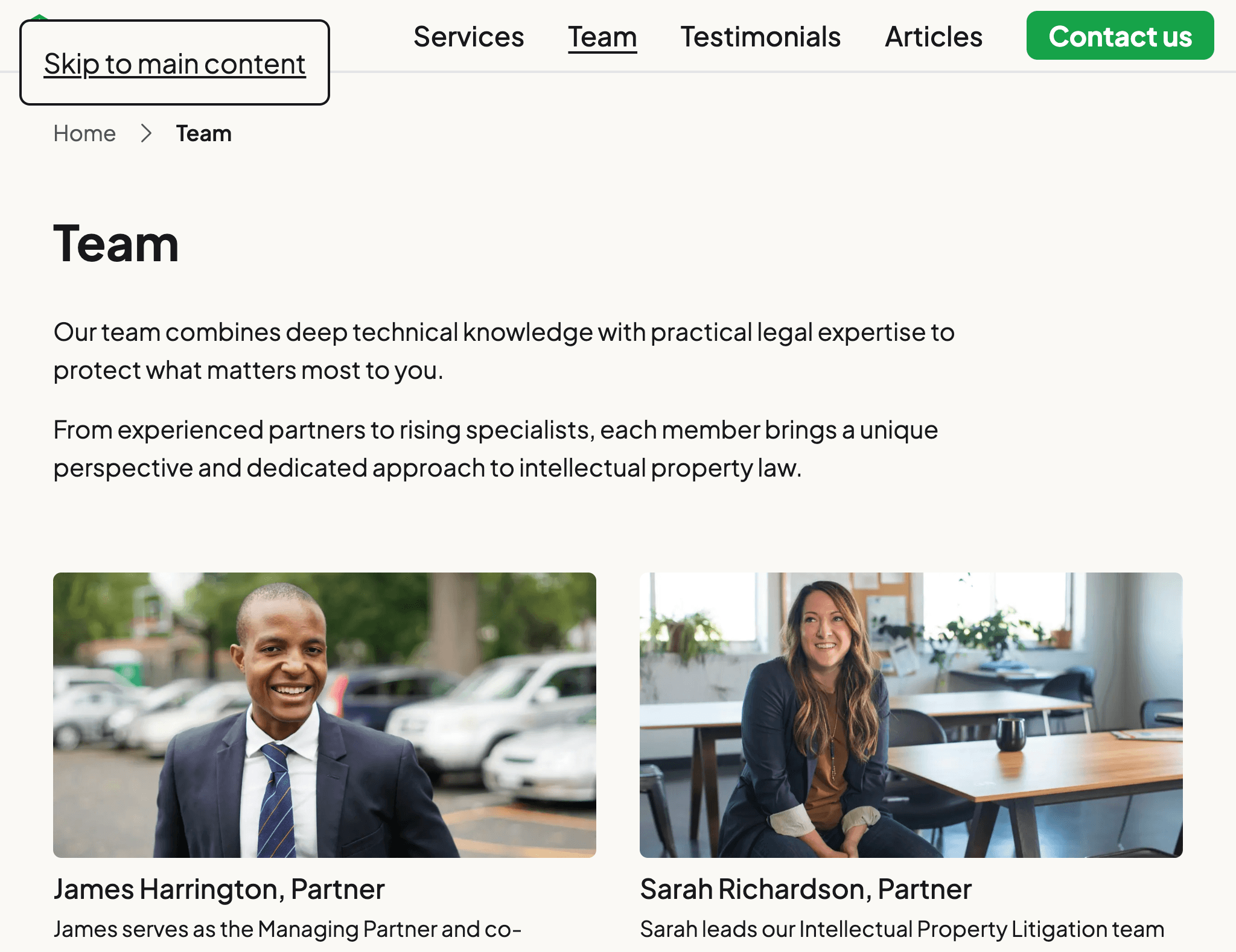 Archer Finch Legal website teams page showing a "Skip to main content" button.