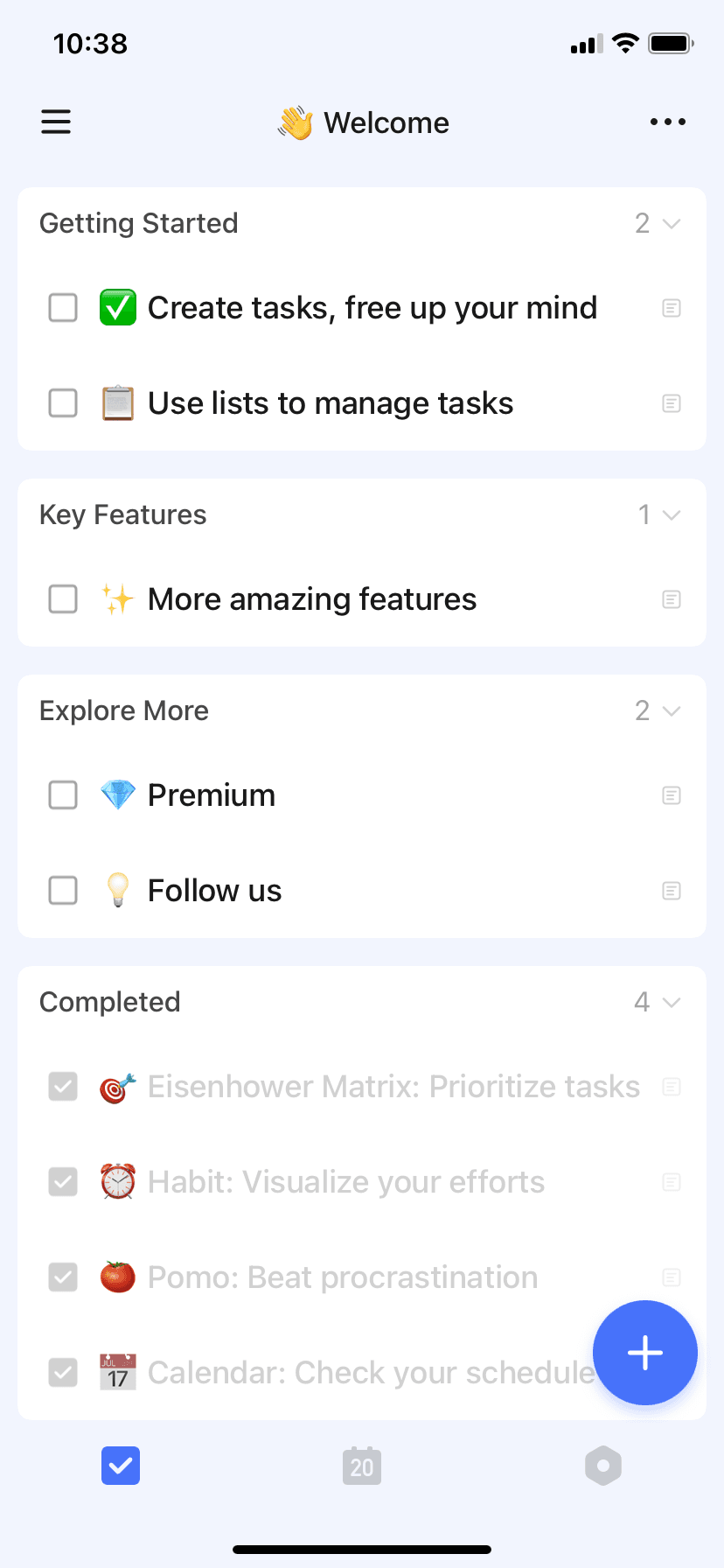 TickTick task management app welcome screen with getting started checklist