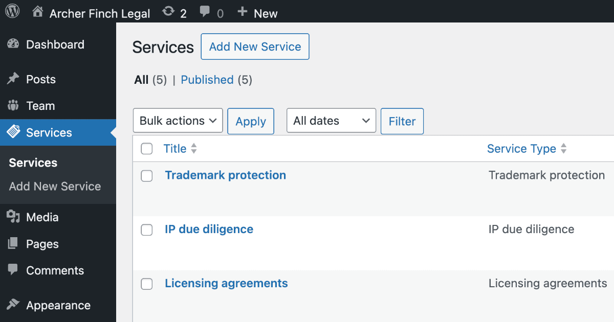 WordPress admin dashboard showing services management page with five published intellectual property services