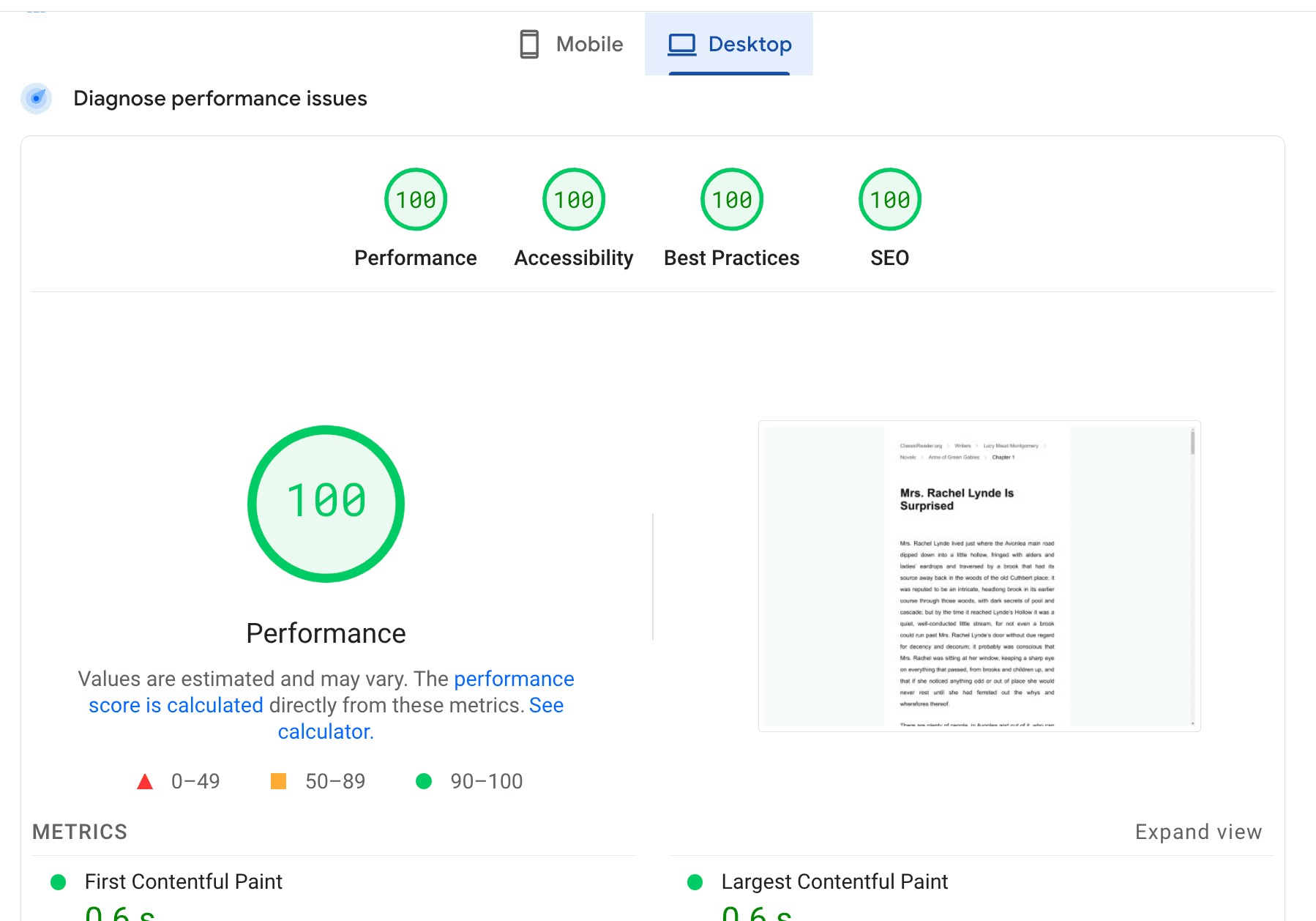 ClassicReader.org has perfect scores on Google Lighthouse