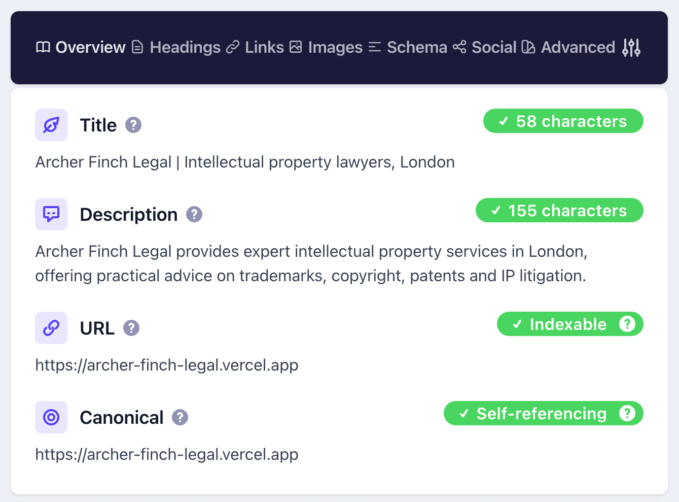 Detailed SEO Chrome extension showing the metadata for the Archer Finch Legal website is set correctly.