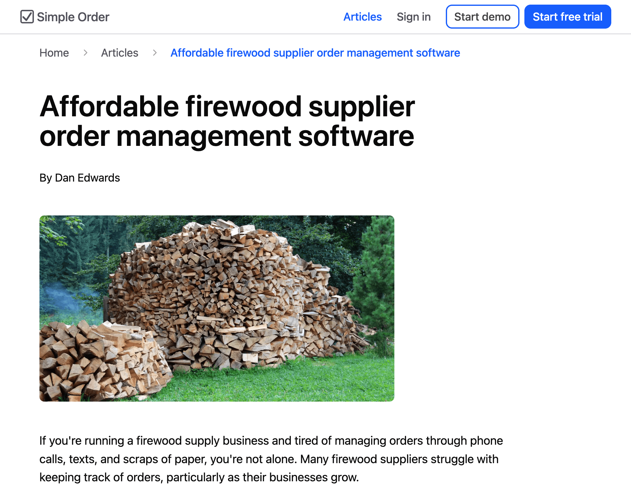 Screenshot of a programmatic article entitled "Affordable firewood supplier order management software"