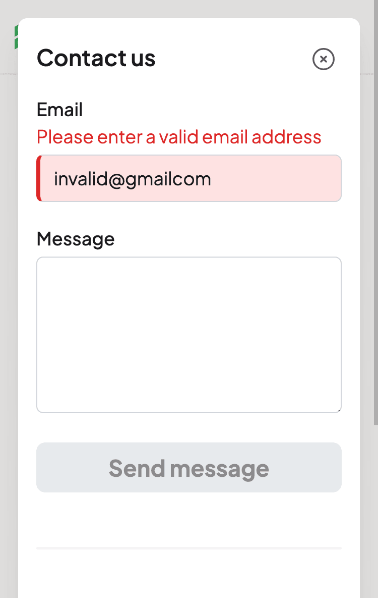 Contact form with email validation error highlighting 'invalid@gmailcom' as an invalid email address
