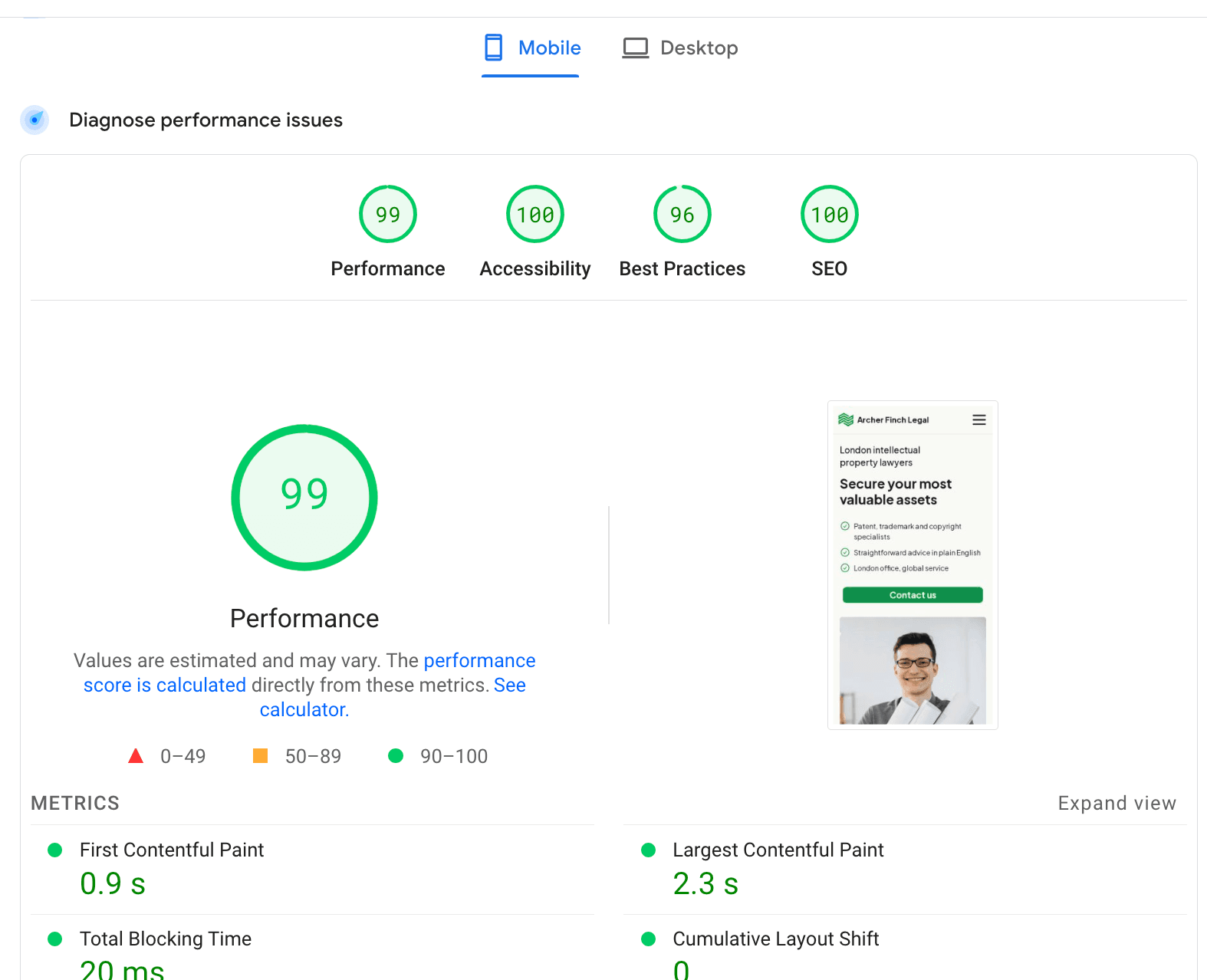 Mobile website performance metrics showing high scores of 99 for performance, 100 for accessibility, 96 for best practices, and 100 for SEO.