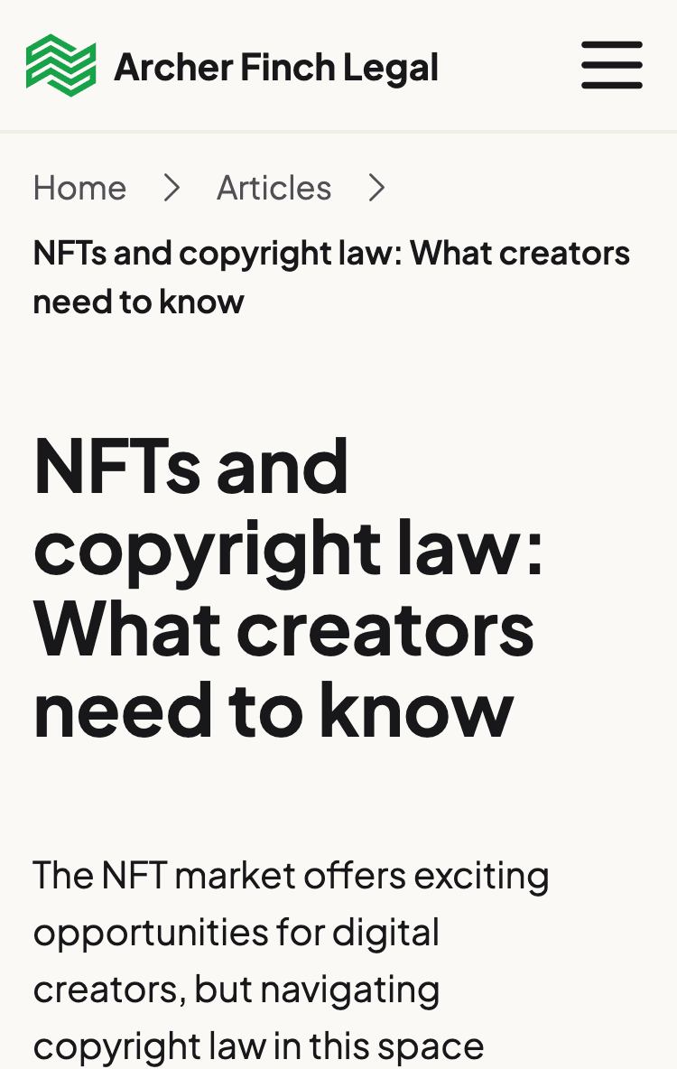 Article page about NFTs and copyright law with breadcrumbs showing Home, Articles, and the article title in bold.