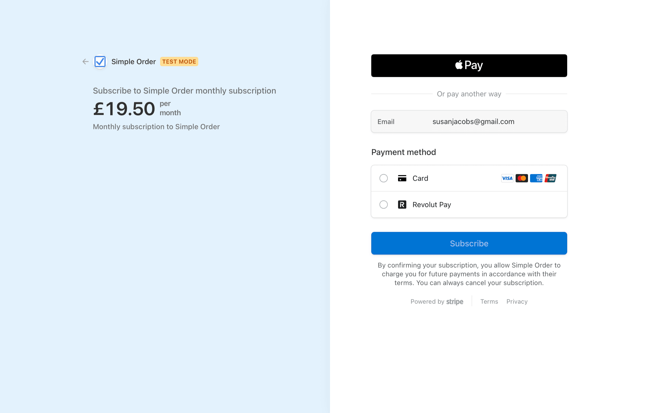 Stripe-hosted checkout page for a Simple ORder wholesale order management subscription