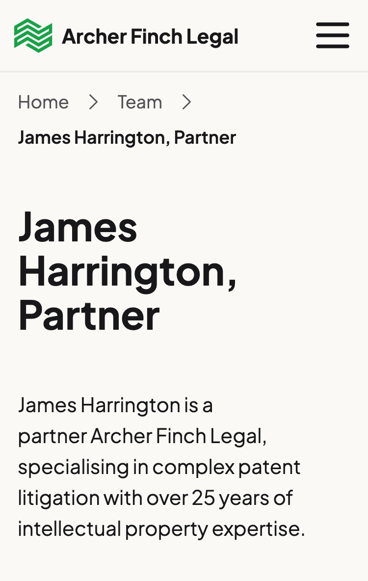 James Harrington partner profile page describing his patent litigation expertise