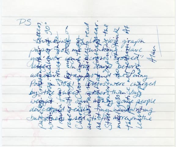 Handwritten notes in blue ink on lined paper with "PS" at the top
