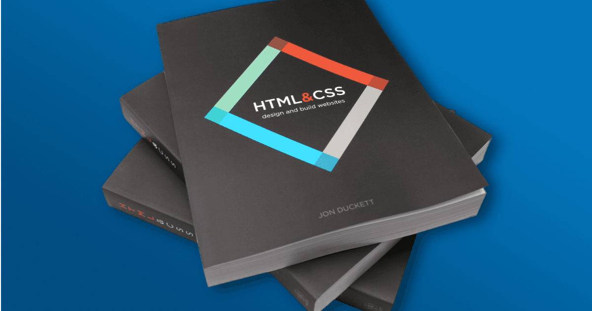 Stack of HTML & CSS books by Jon Duckett on blue background