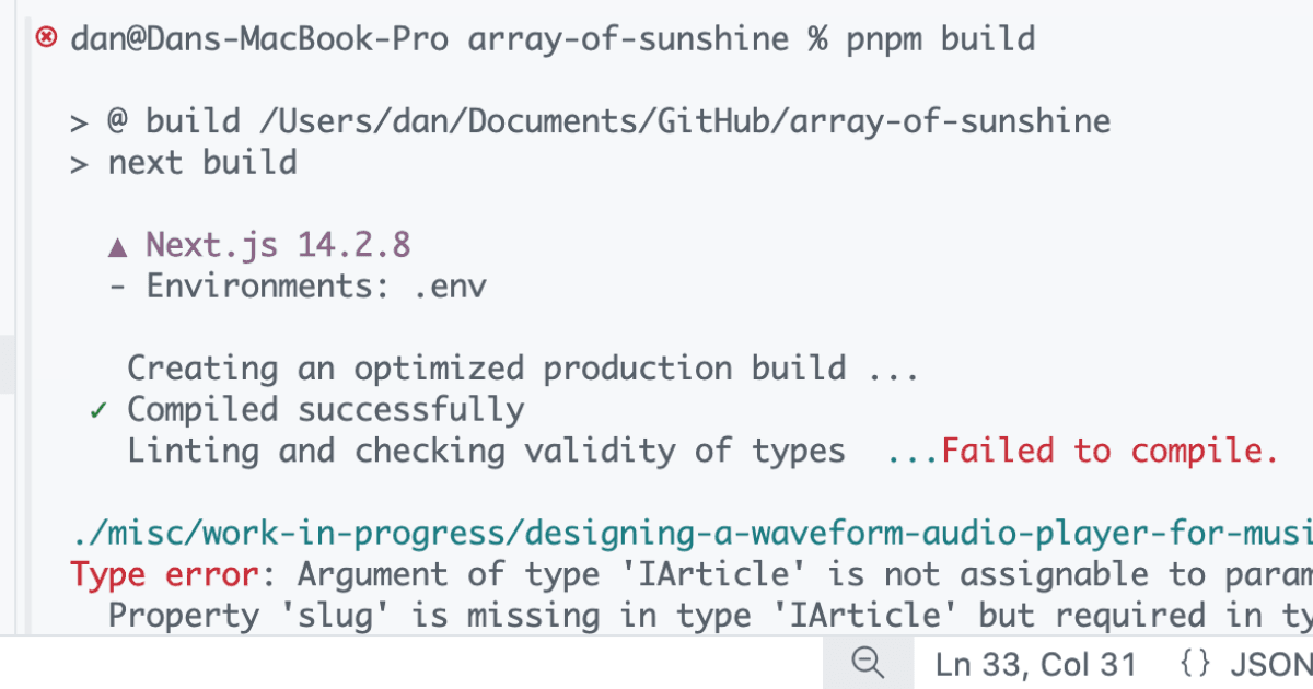 Terminal showing Next.js build failure with TypeScript compilation errors